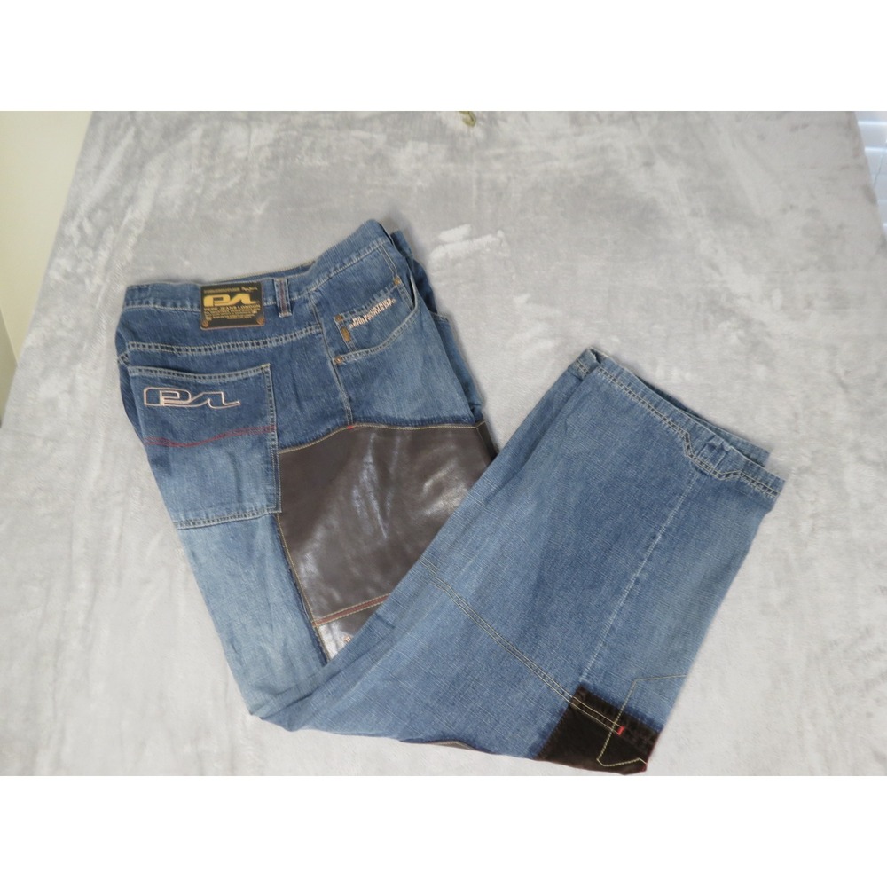 Vintage Pepe Jeans London Jeans Mens 42 Blue Patchwork Faux Leather Industrial